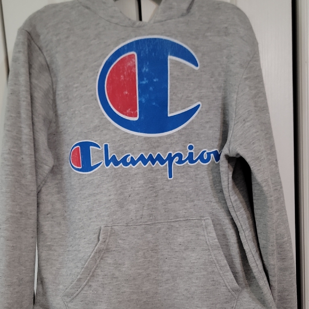 Champion Heather Gray Hoodie with Blue and Red Logo